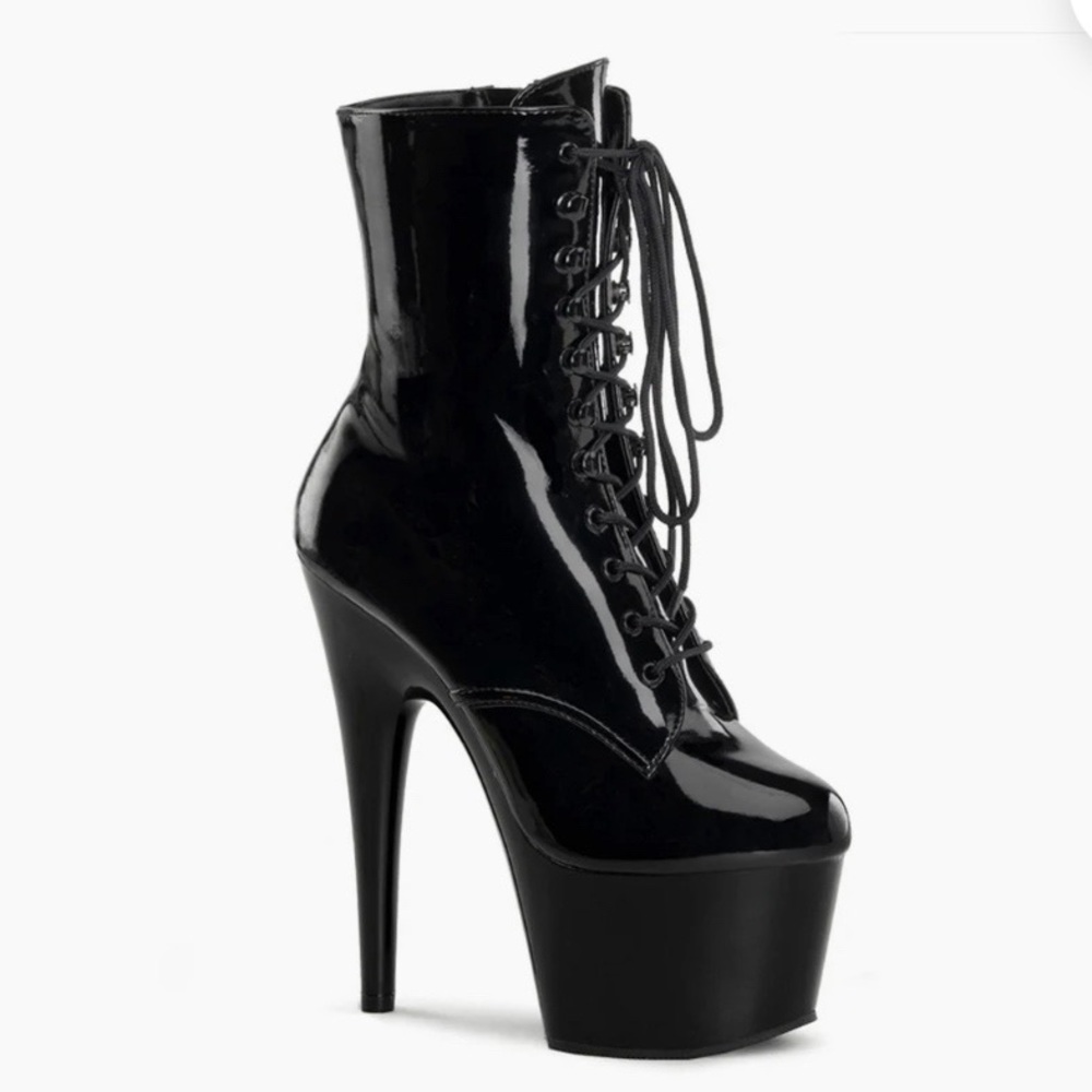 Pleaser Black Patent Lace-Up Platform Ankle Boots